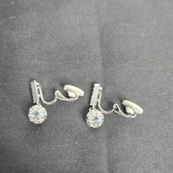 Swarovski Rhinestone Ball Drop Earrings Silver Tone White Blue Crystal Pave Clip - Picture 8 of 8